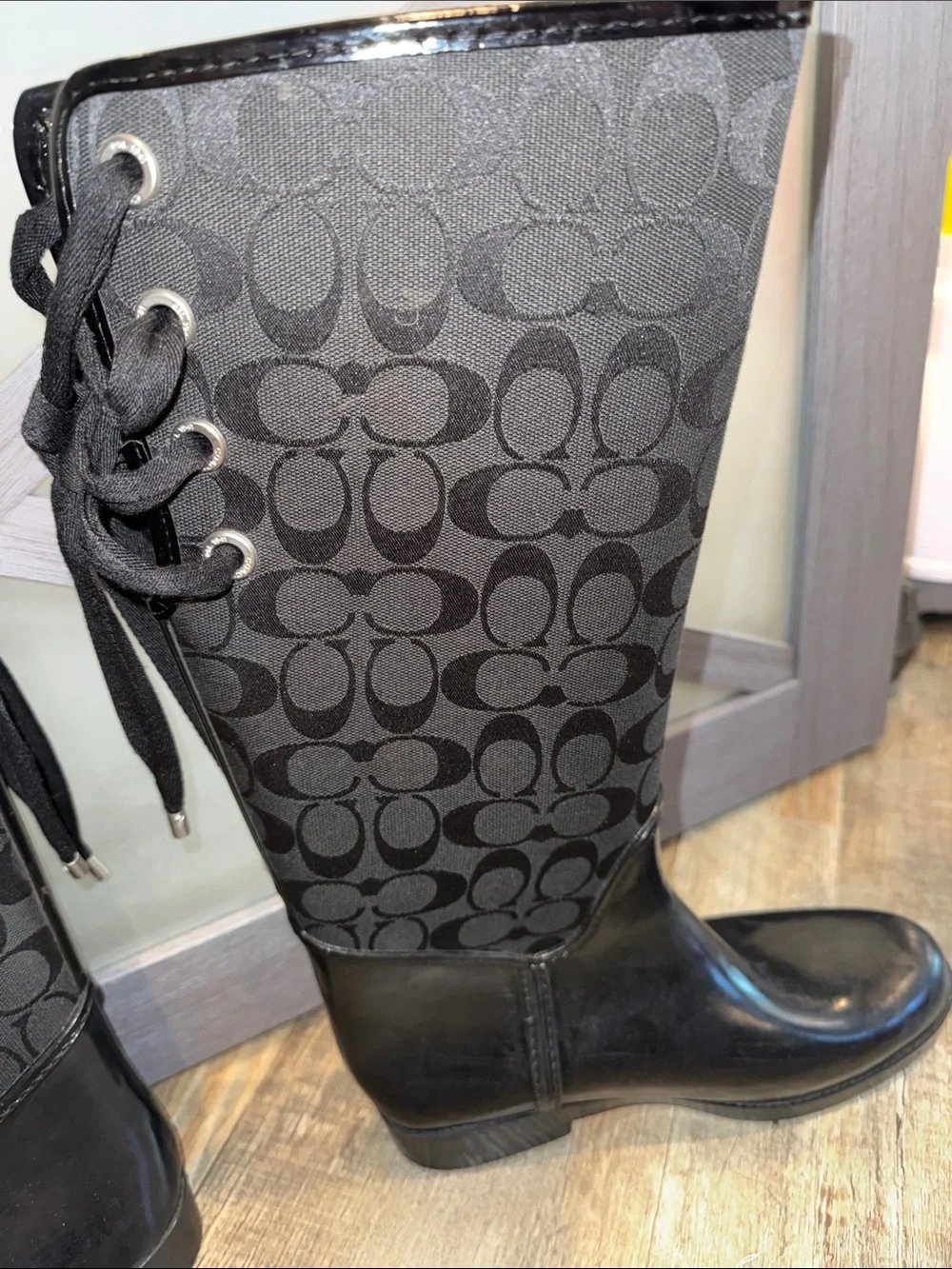 Coach TristeeTall Black Signature Lace-Up Rain Boots